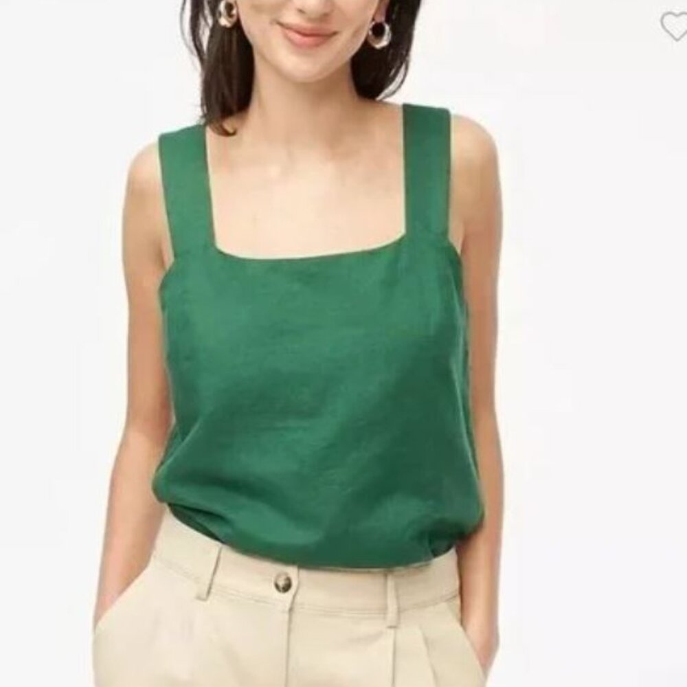NWT J.Crew Linen Blend Green Squareneck Wide Strap Tank Top Women Size S-XS